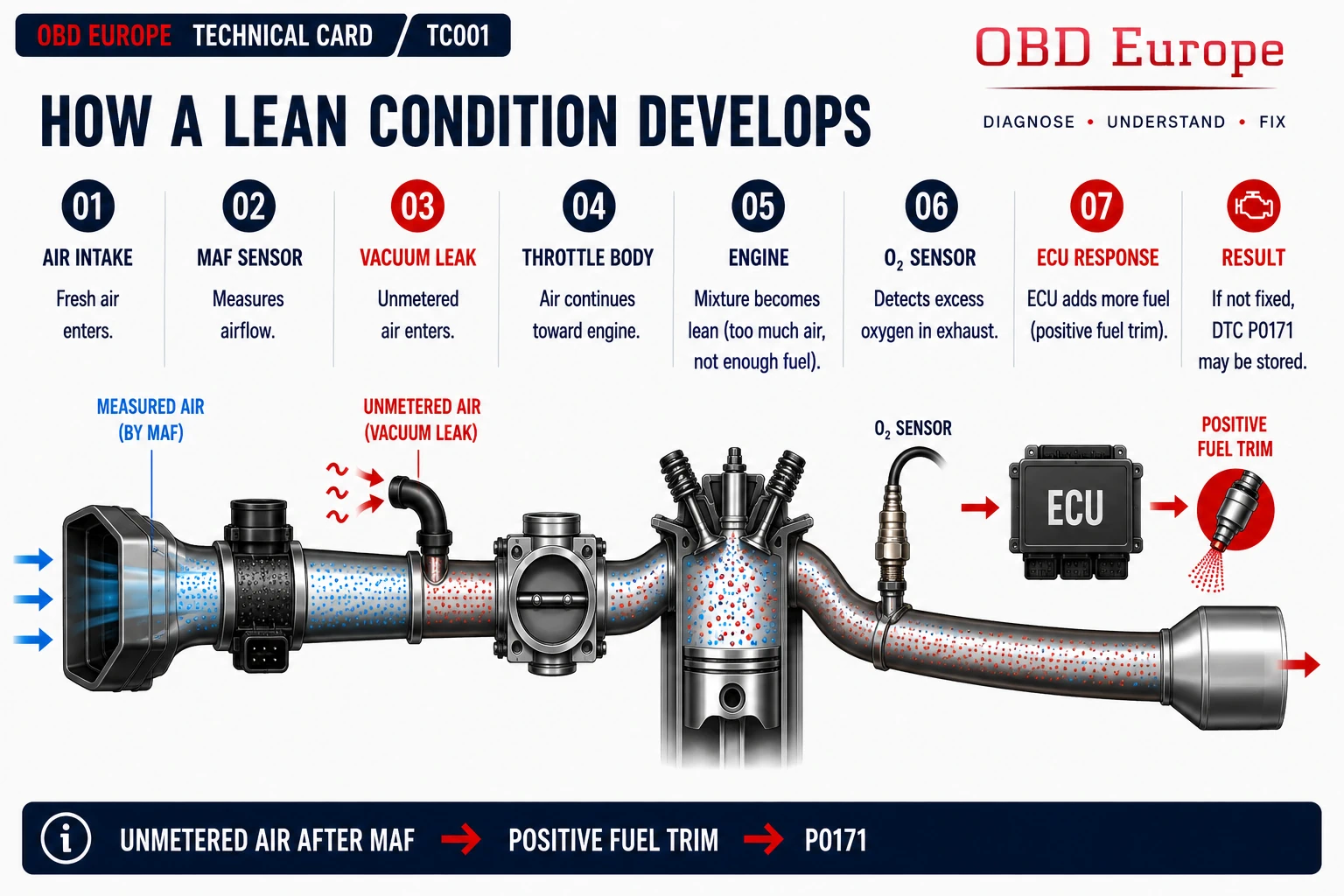How a lean condition develops with MAF sensor, vacuum leak, oxygen sensor feedback and fuel trim correction.