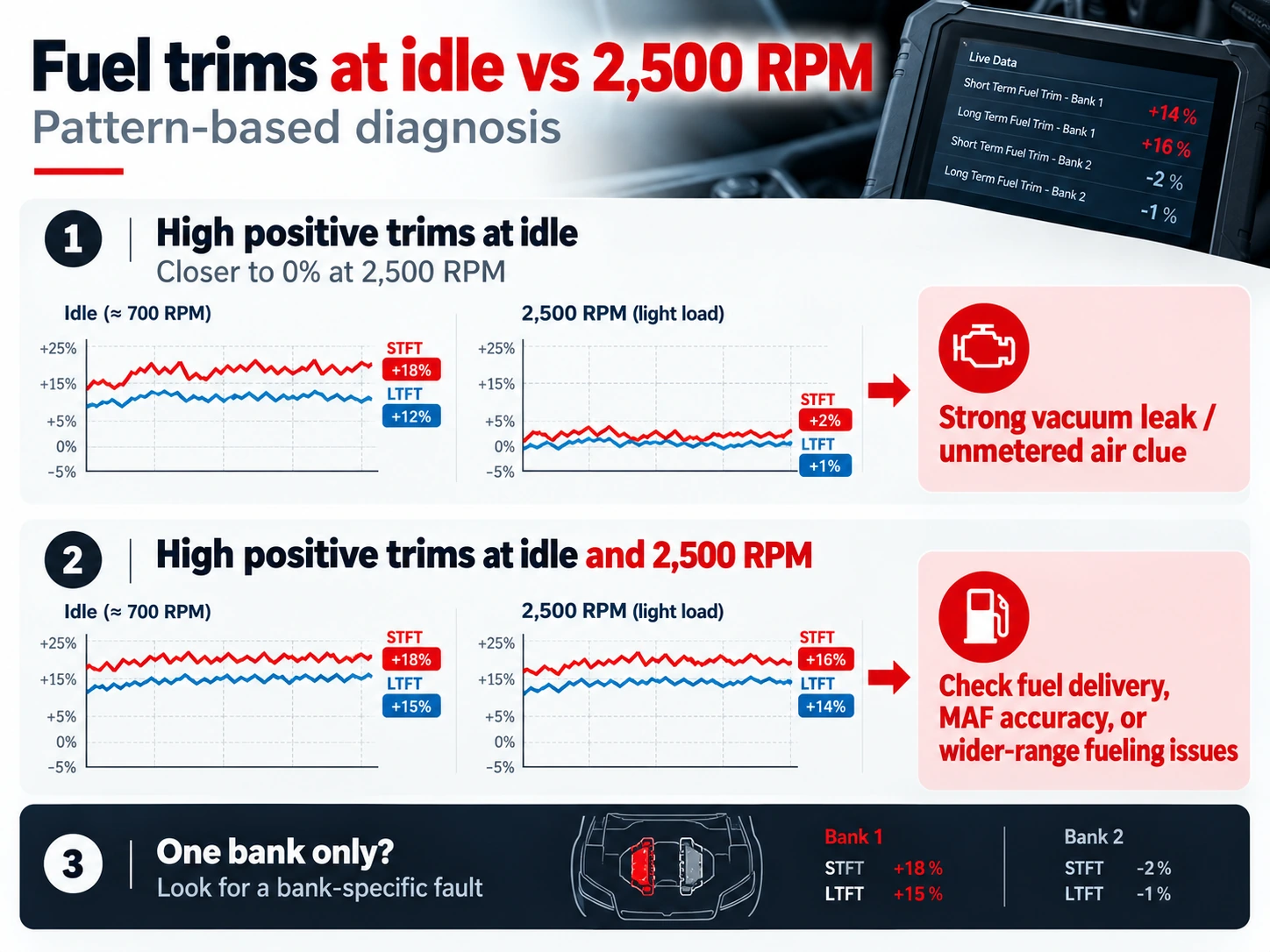Fuel trim diagnosis comparing idle readings with 2500 RPM