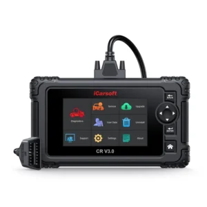 iCarsoft CR V3.0 diagnostic scanner front view with OBD cable