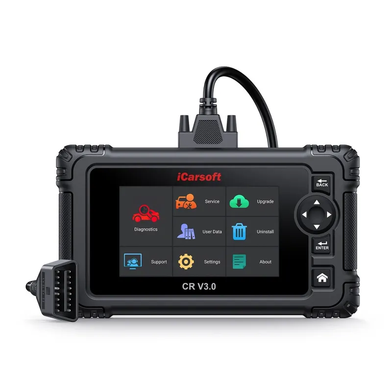 iCarsoft CR V3.0 – front product image iCarsoft CR V3.0 diagnostic scanner front view with OBD cable