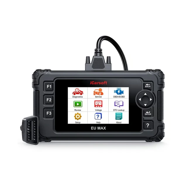 iCarsoft EU MAX connected to OBD diagnostic cable