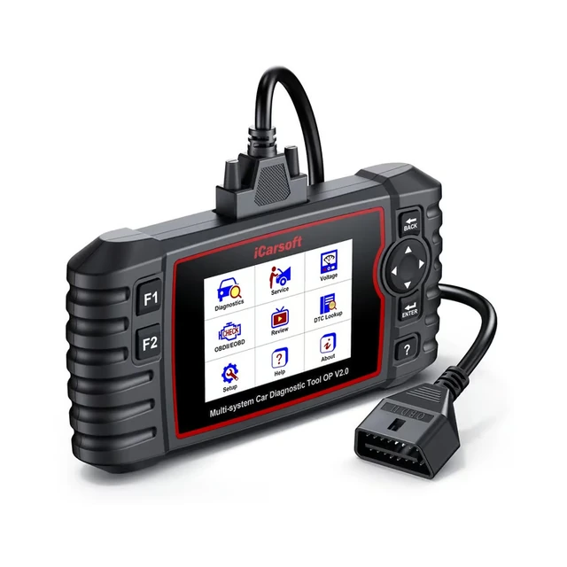iCarsoft OP V2.0 connected to OBD diagnostic cable