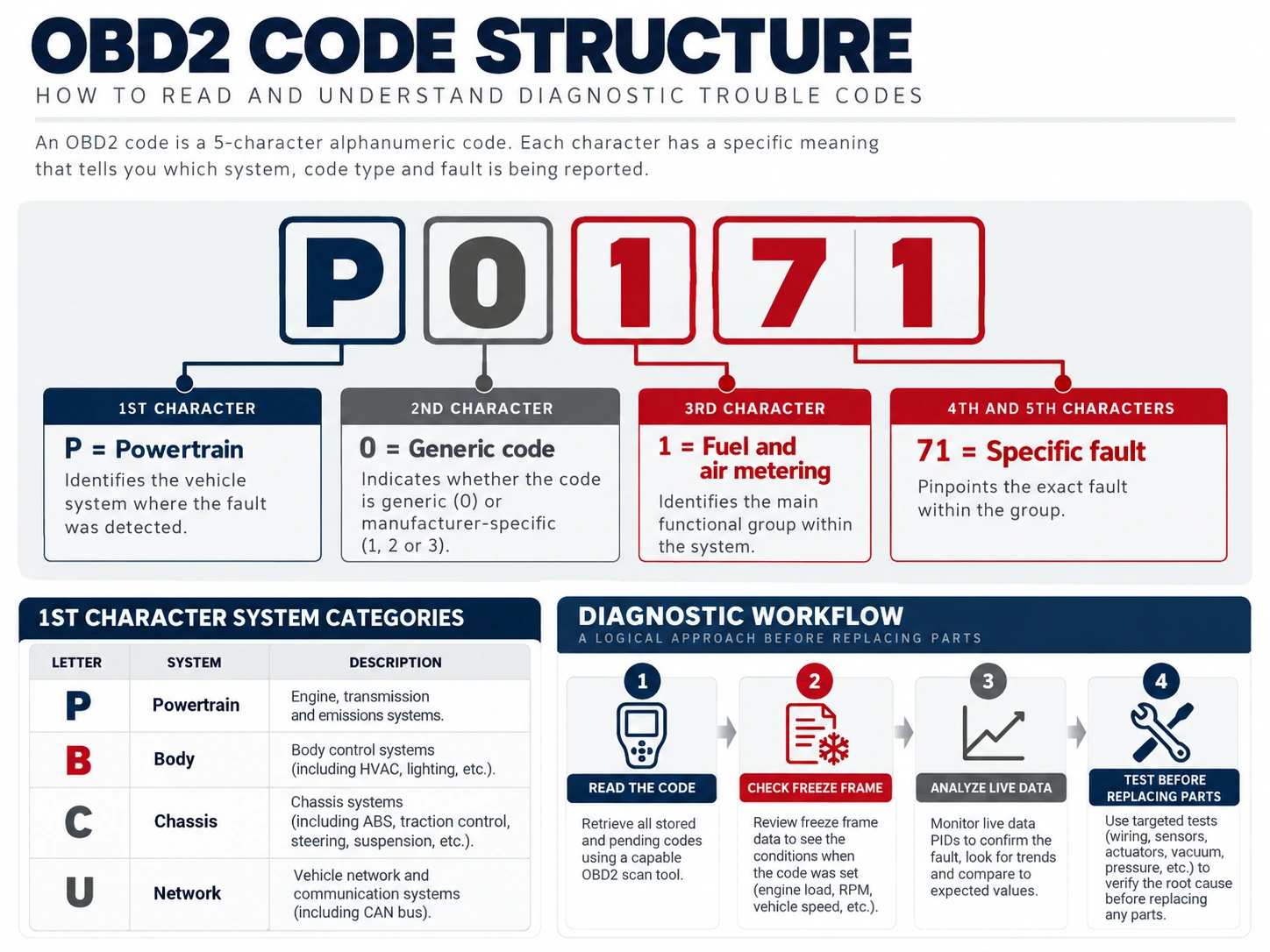 OBD2 code structure diagram explaining the letters and numbers in P0171