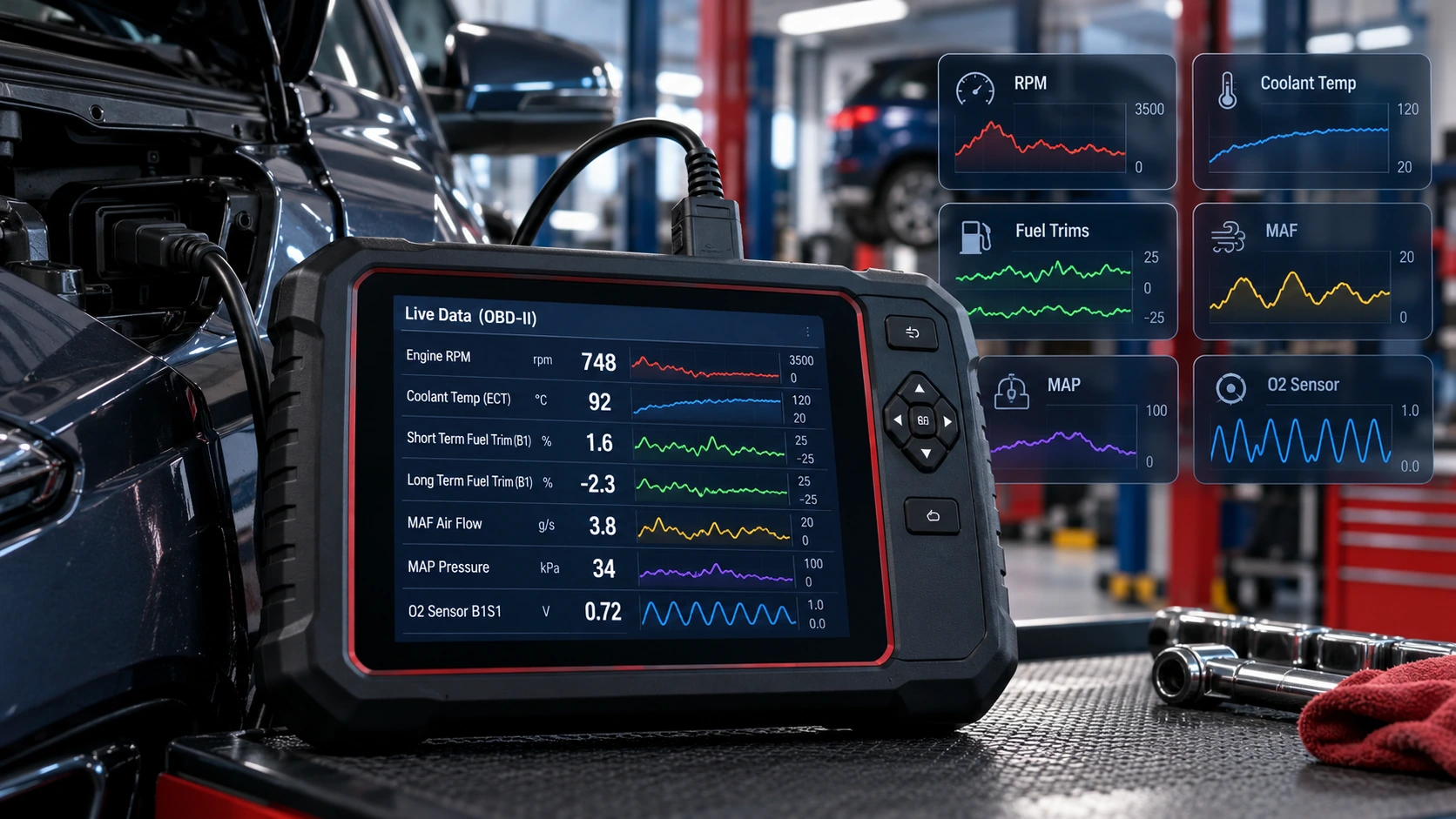 Professional OBD2 scanner displaying live vehicle data