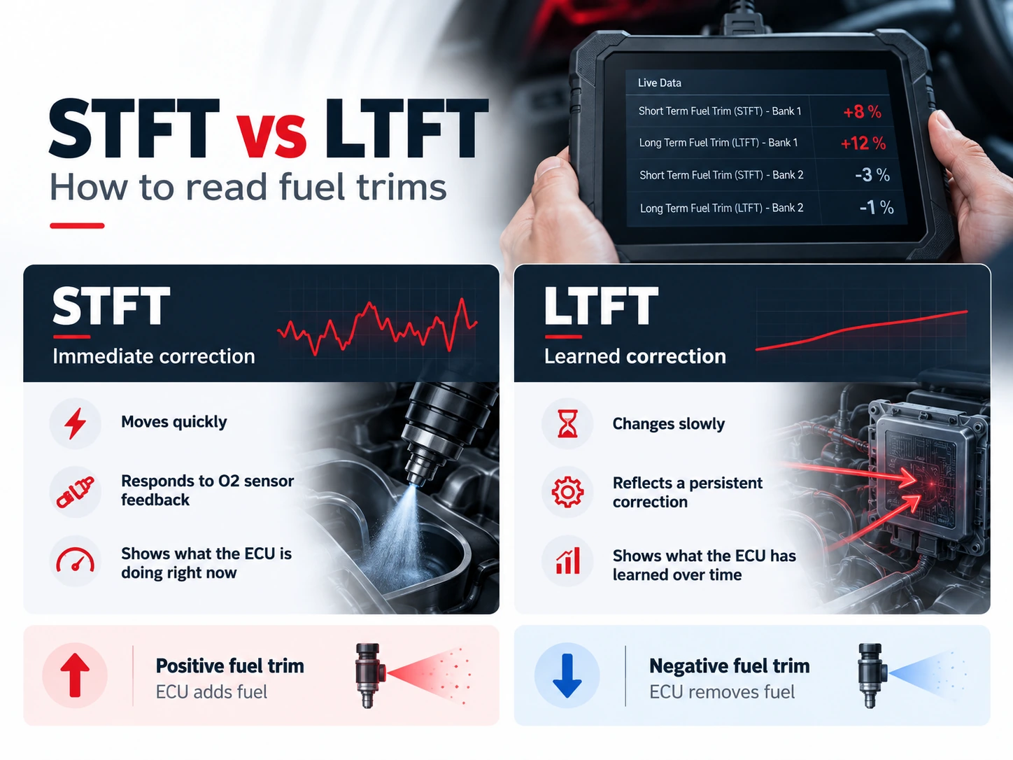 STFT vs LTFT fuel trims showing immediate and learned ECU correction